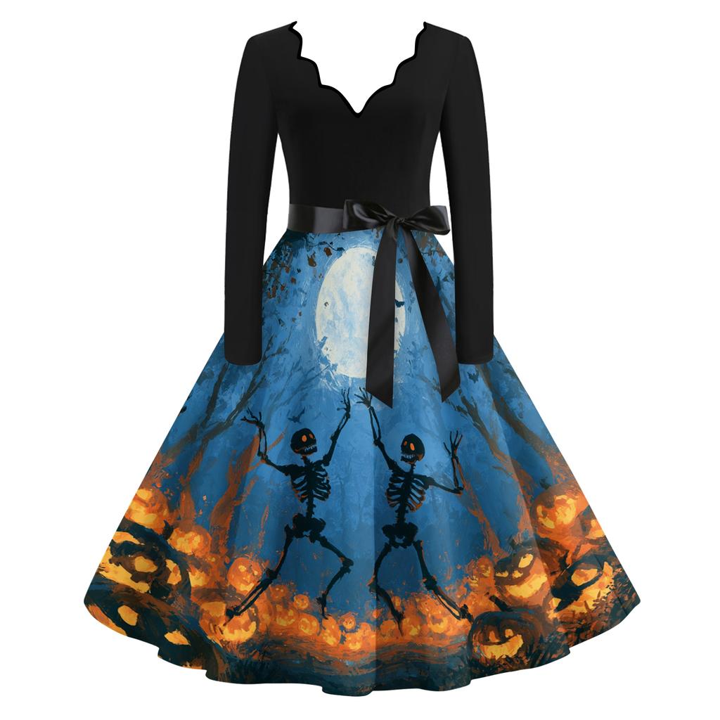 Women's Retro Halloween Print V-Neck Long Sleeve Dress for Casual Everyday Wear