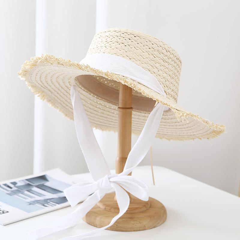 Hairy Woven Straw Hat Sun Hat Summer Flat Top Ribbon Tied Vacation Sun Hat Beach