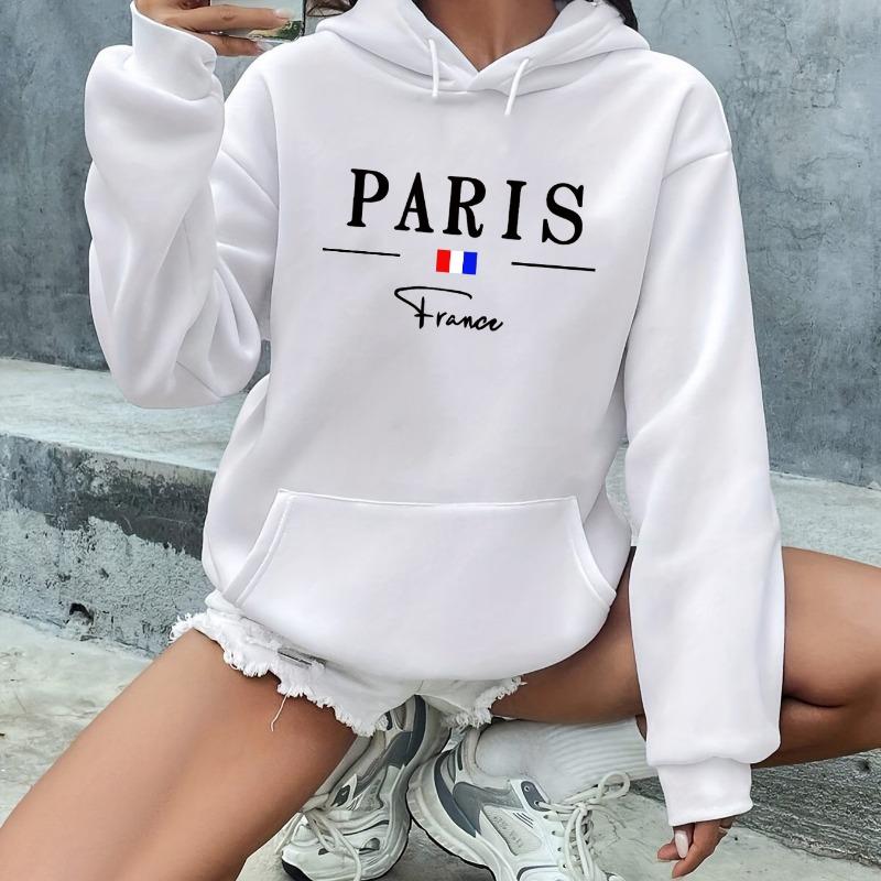 Women's autumn and winter warm and loose casual Paris pattern printed suede long sleeved hooded sweatshirt