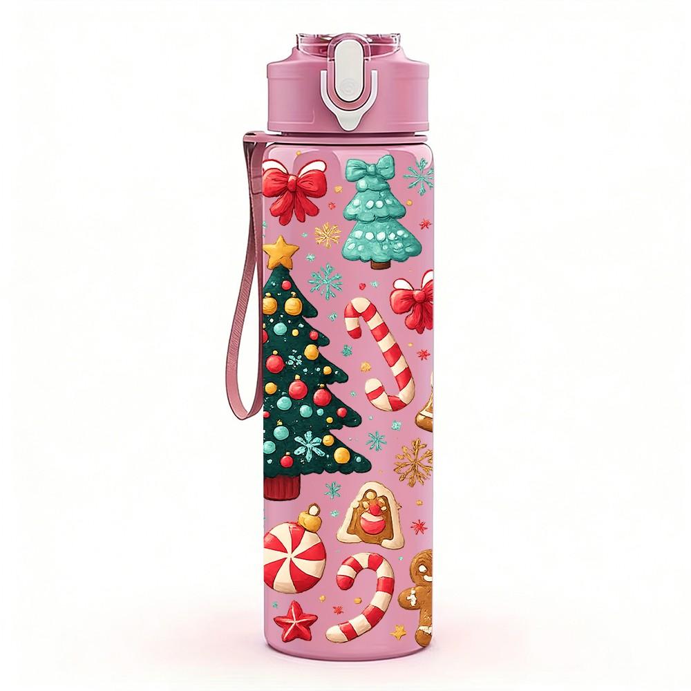 1PC Christmas Gnome Gift Festive Doodle Print 750ml Color Plastic Sports Water Bottle Leakproof Flip Straw Lid Suitable for Sports Office Home Use