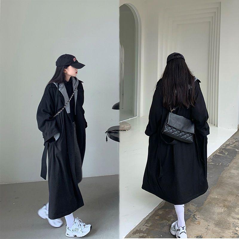 2025 New Korean Style Women's Color Block Mid-Length Trench Coat - Black Casual Spring/Autumn Wear