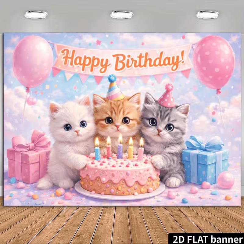 Banner Sfondo 2D Gatto e Torta Buon Compleanno Rosa Blu Festa Photo Booth Sfondo