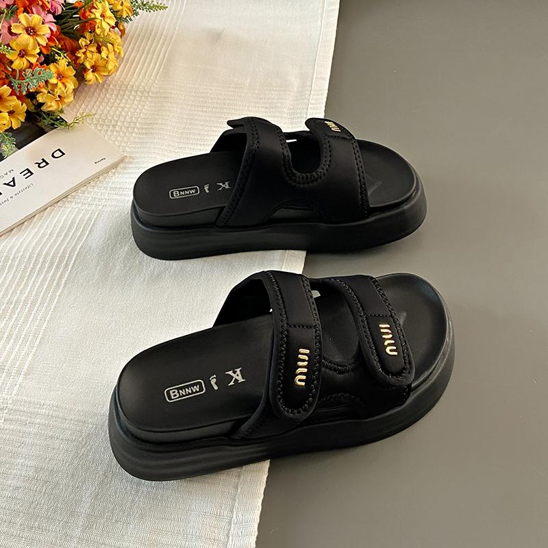 CRLAYDK Women Flat Sandals Open Toe Hook&Loop Adjustable Double Straps Platform Slippers for Summer Ladies Slides