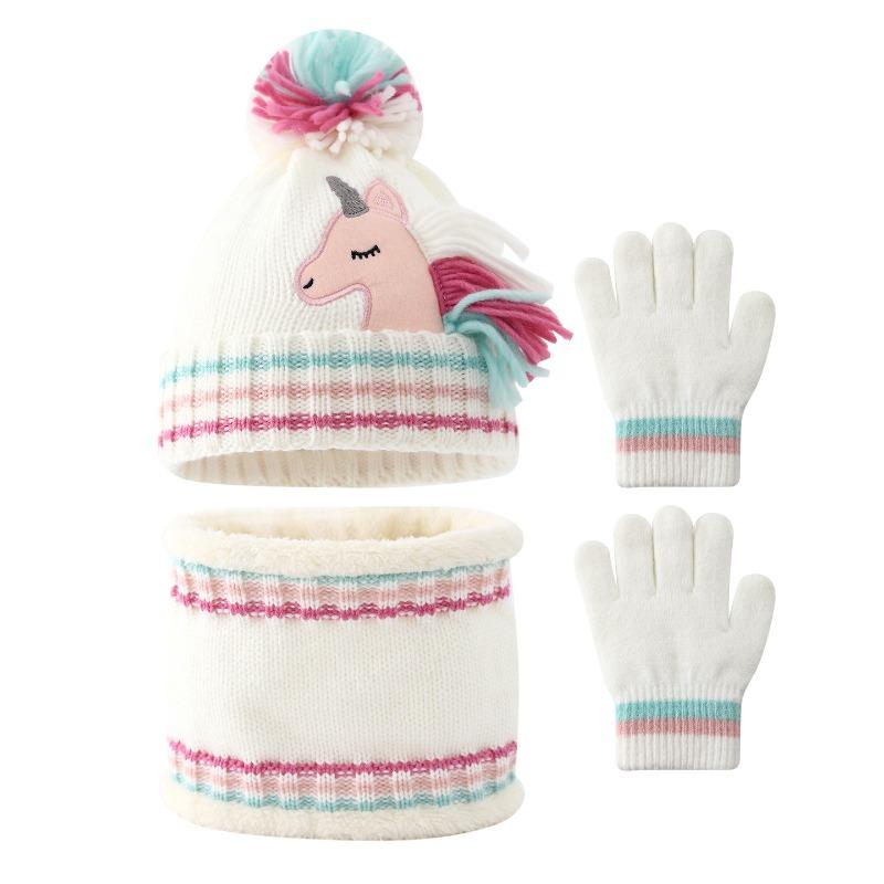 Three Piece Set of Children's Unicorn Hat, Scarf, Gloves, Winter Girl Cartoon Knitted Hat with Velvet Scarf