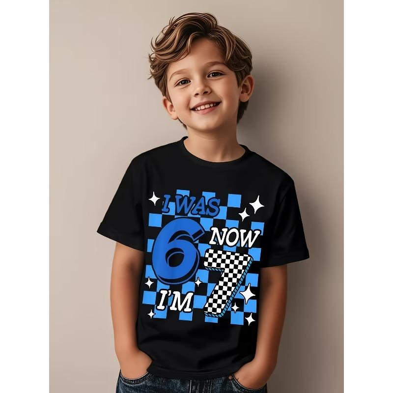 Europäische Größen Kinder 6 bis 7 Jahre Geburtstag T-Shirt War 6 Jetzt bin ich 7 Blau kariertes Thema Lässiges Oberteil mit Rundhalsausschnitt und kurzen Ärmeln Perfekt für die Geburtstagsparty