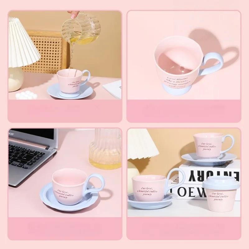 SOLECASA Ceramic Mugs with Creative Handle Pink Blue Coffee Cup & Saucer Set Afternoon Tea Coffee Latte Cups Home Coffee Mug Set