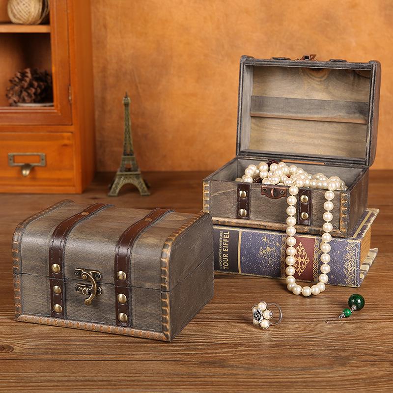 Vintage Wooden Jewelry Storage Box with Lock - Ideal for Earrings, Necklaces, Gifts, and Photography Props.