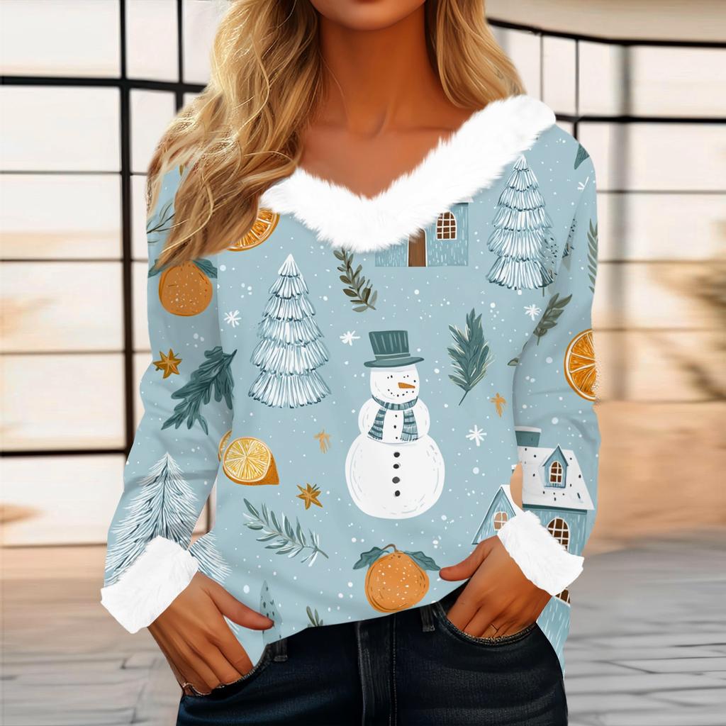 Women's Casual Fashion Long Sleeve Christmas Printed Flannel Collar Top