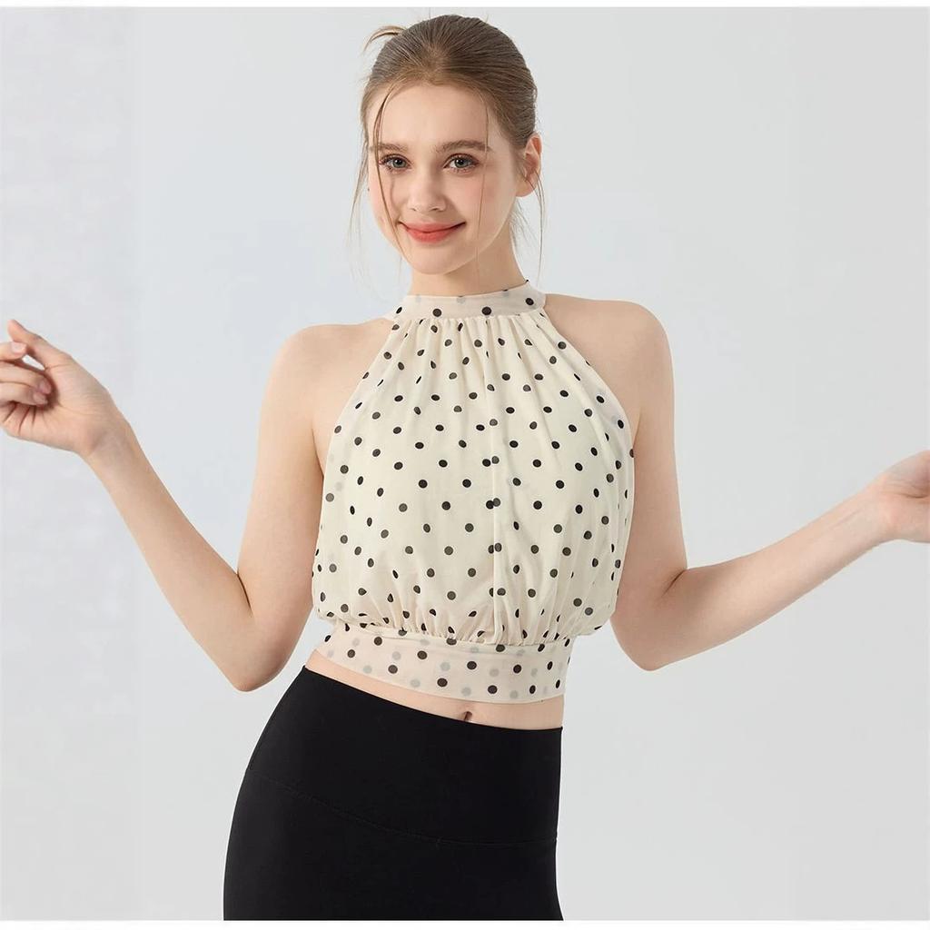 French polka dot temperament sleeveless yoga vest neck strap short mesh fixed cup outer wear sexy top women