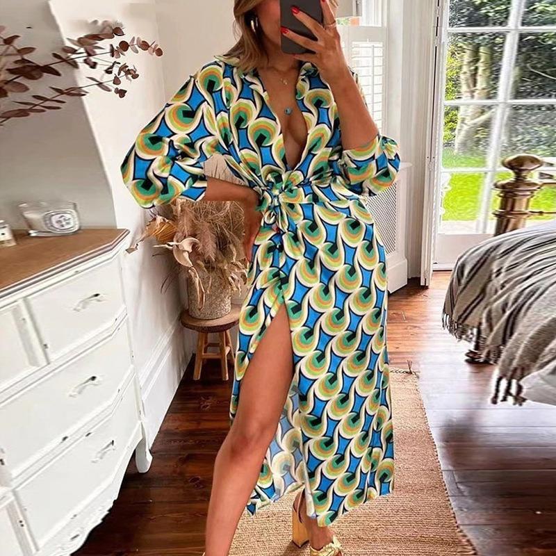 Spring and Autumn Women's Dress Fashion Printed Lantern Sleeve Tie Slit Lapel Dress Explosion Color Collision Medium Long Dresses