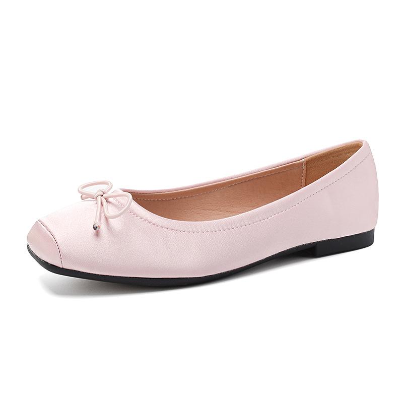 Fashion Deliate Bowtie Silk Ballerinas Woman Traf Pig Square Toe Flats Shallow Slip On Moccasins Femme Brides Wedding Shoes Pink Ballets