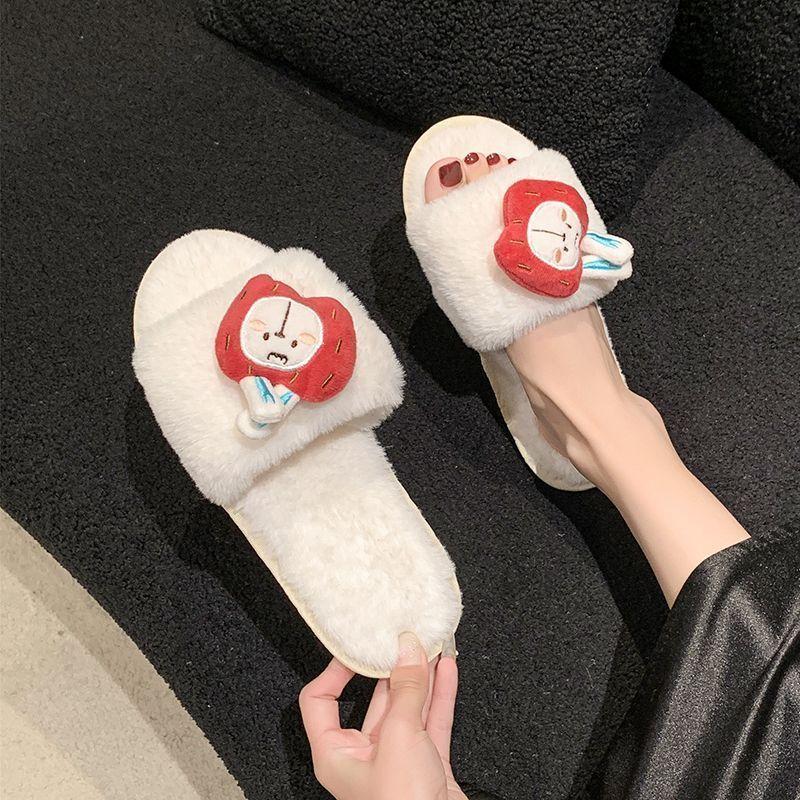 Home indoor one-word open-toed slippers women 2025 autumn and winter cute cartoon plush girl heart cotton slippers women