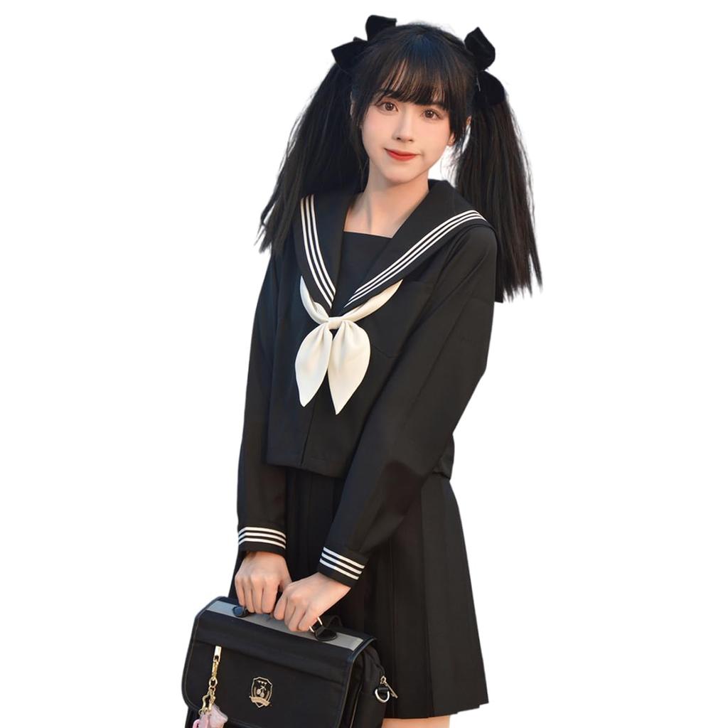 Sailor Authentic Three Long Cosplay Pleated Top and Bottom High Graduation School Goldfish Knot [YAISHN] Uniform, Uniform, Black, White, Lines,