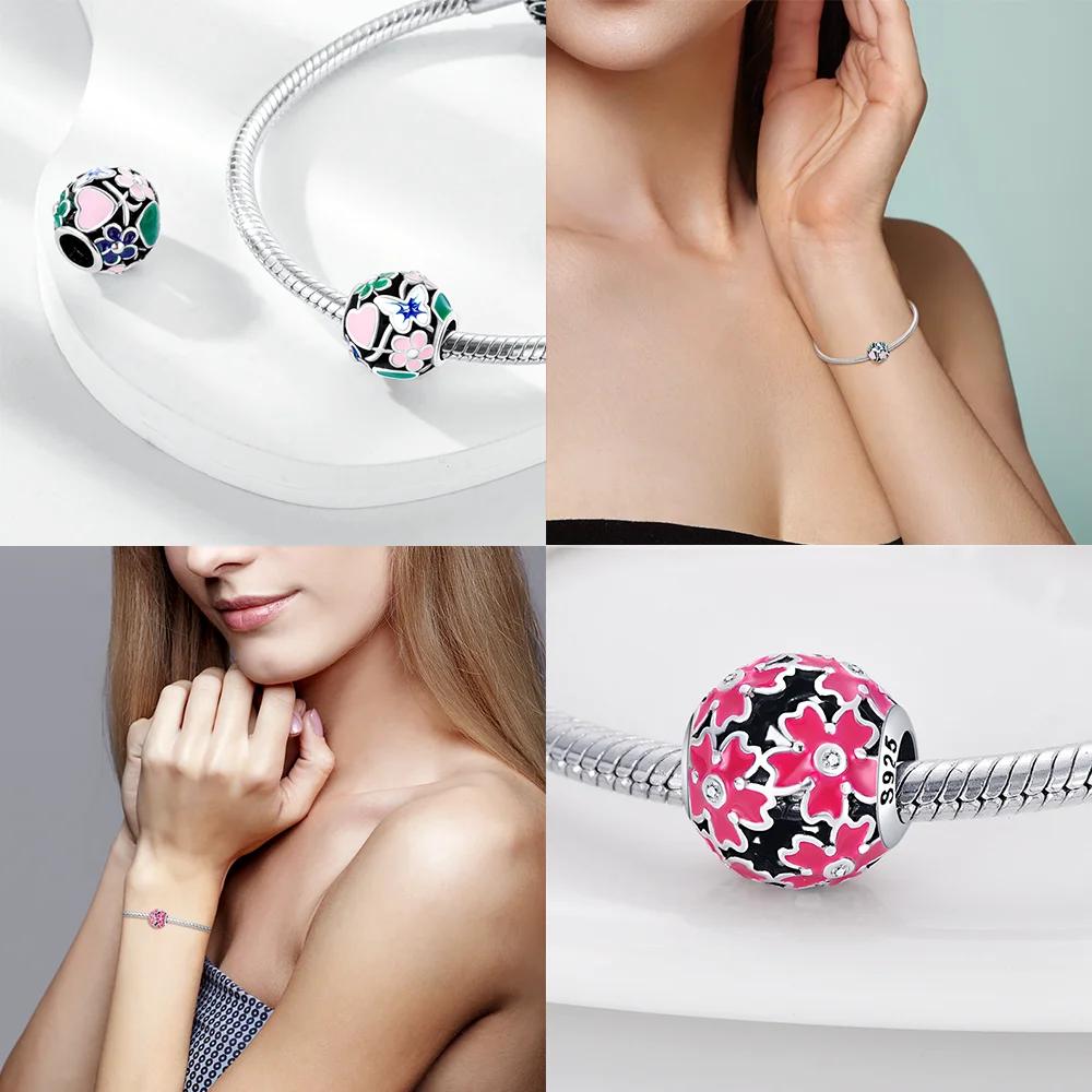 Pink Flowers Gold Butterflies Plant 925 Silver Bag Charms Beads Fit Bracelet Women Accessory Fine Gift Diy Jewelry