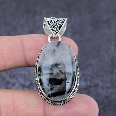 Natural Black Rutile Gemstone Handmade 925 Sterling Silver Pendant 2.05" f0E16