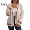Women Casual Sweater Coat V-neck Long Sleeve Twist Texture Knitting Patchwork Color Single Breasted Loose Fit Elastic Outwear Knitwear