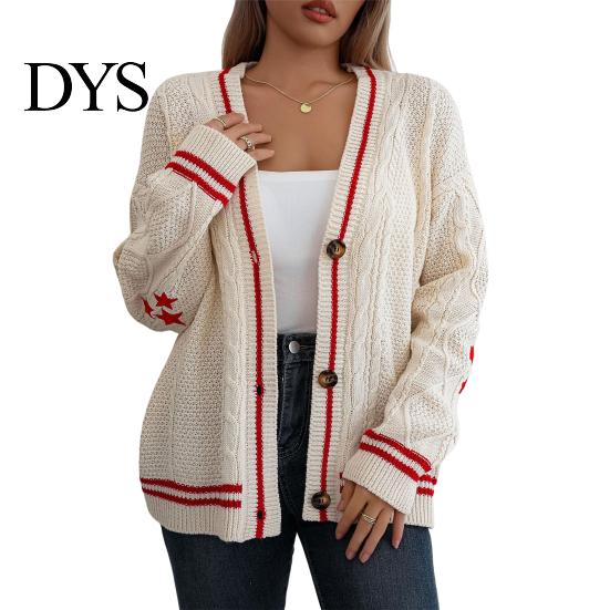 Women Casual Sweater Coat V-neck Long Sleeve Twist Texture Knitting Patchwork Color Single Breasted Loose Fit Elastic Outwear Knitwear