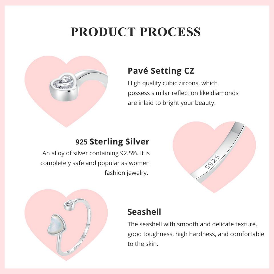 WOSTU 925 Sterling Silver Creative Double Heart Opening Ring For Women Natural White Shell Rings Handmade Jewelry Party Gift