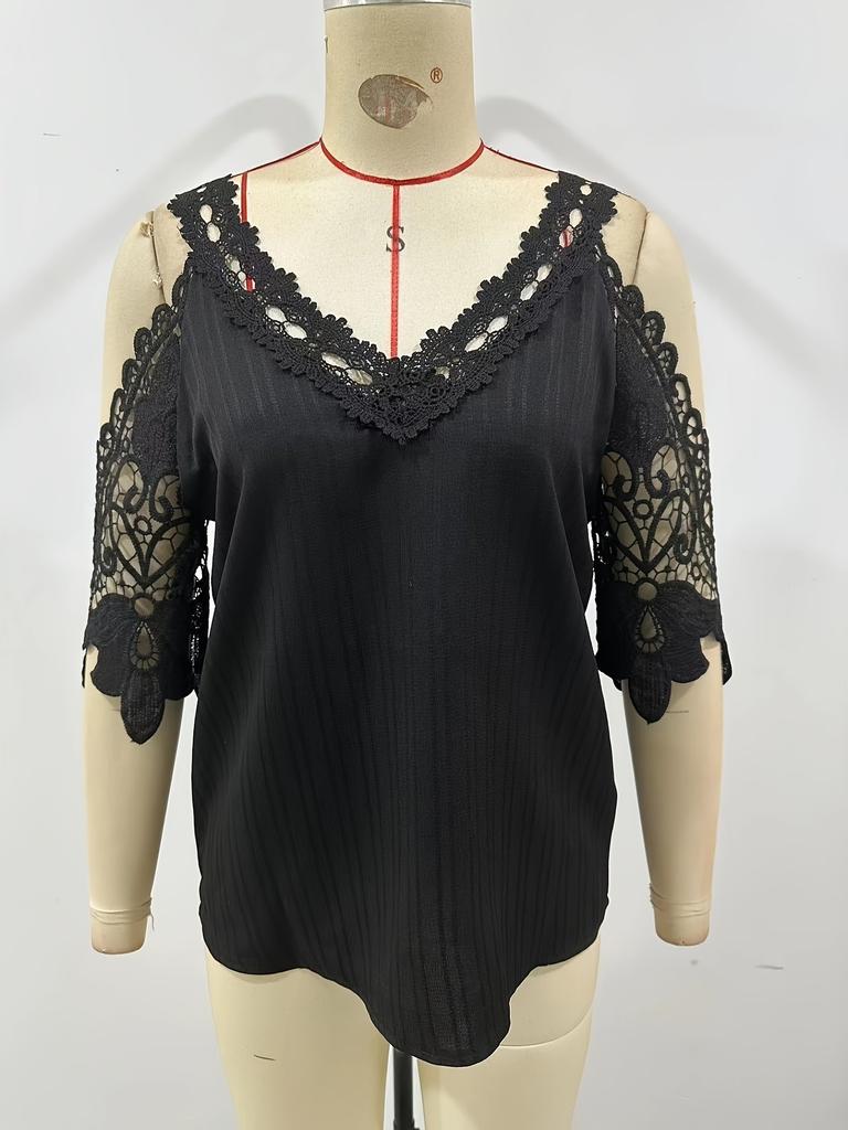 Women's Summer V-neck Short Sleeved T-shirt Off Shoulder T Shirts Ladies Lace Hollowed Out T Shirts