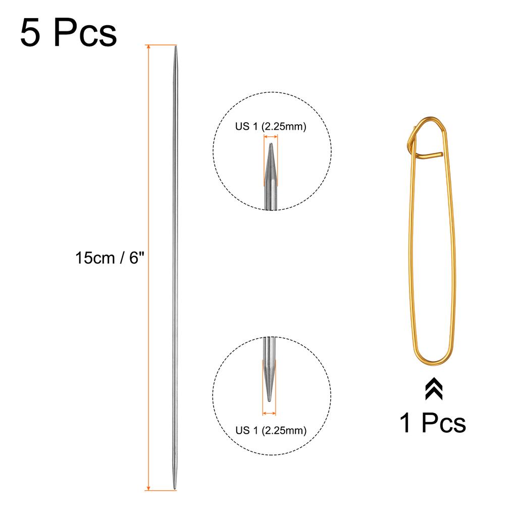 5Pcs Knitting Needle 1.2mm-5mm Dia 6" (15cm) Length Stainless Steel Double Pointed Sweater Stitching Needles w Stitch Holder