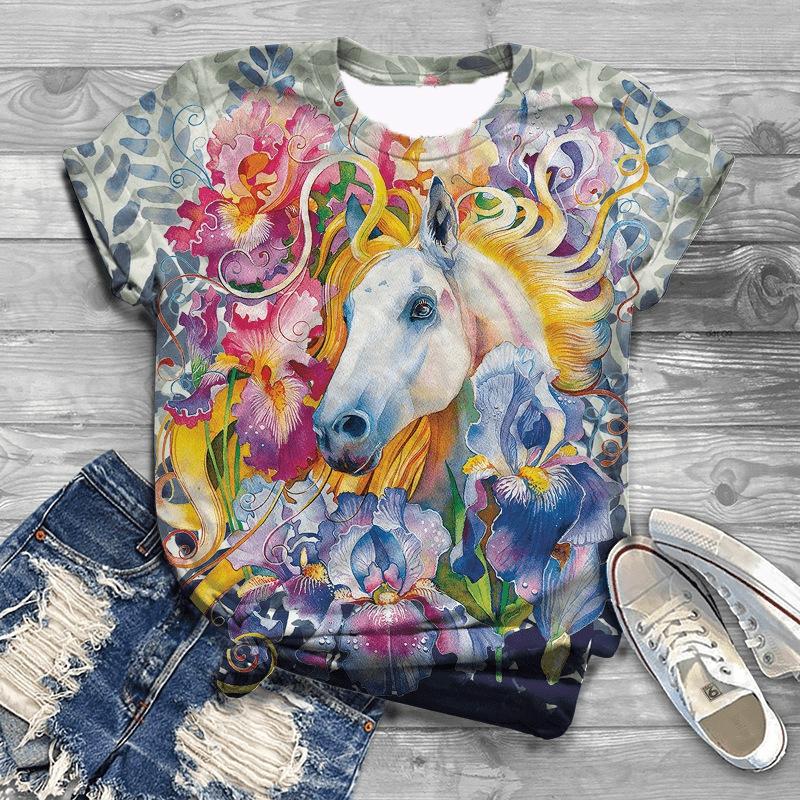 New Women T-Shirts Horse 3D Print Women's Round Neck Short Sleeve T Shirt Animal Graphic Tees Harajuku Y2K Tops Female Clothing