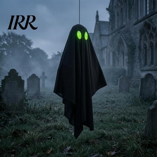 Outdoor Hanging Ghost Halloween Decoration, Spooky Black Fabric with Green Party Supplies Eyes for Outside Tree, Porch, Yard, Lawn, Haunted