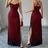 Women's Spaghetti Strap Mesh Ruched Split Maxi Dress Sweetheart Neck Bodycon Party Evening Dress