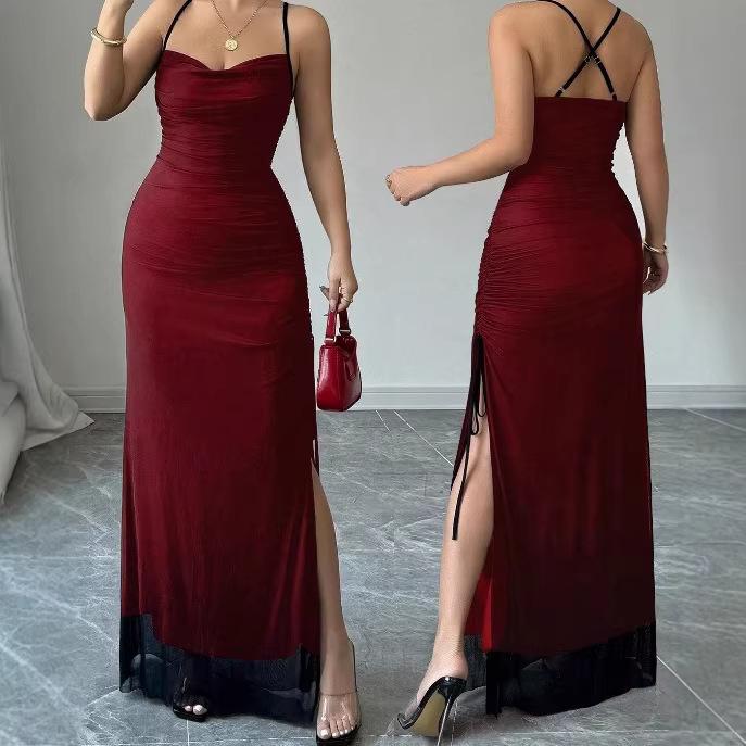 Women's Spaghetti Strap Mesh Ruched Split Maxi Dress Sweetheart Neck Bodycon Party Evening Dress