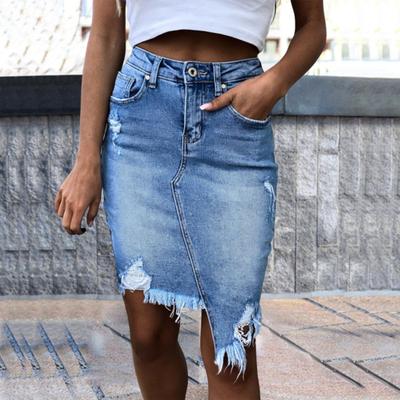Falda vaquera de verano para mujer, minifalda con cintura alta, botones, cremallera, bragueta, agujeros rasgados, dobladillo irregular, falda cruzada en la cadera, ropa de calle