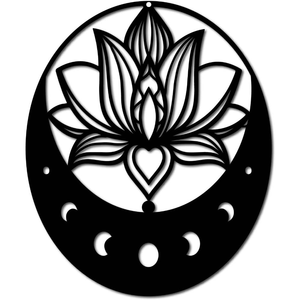 Lotus Metal Wall Art Moon Flower Sculpture Iron Sign Home Decor Black 12x10 Inch