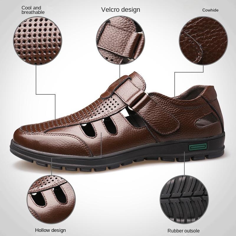 Fashion Mens Genuine Leather Sandals Summer Hollow Breathable Casual Shoes for Man Slip on Clogs Outdoor Non Slip Cowhide Leather Shoes