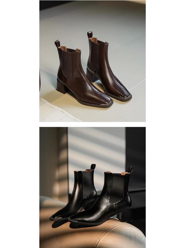 BEIJIANI Czerwono-brązowe kwadratowe noski masywny obcas botki Chelsea motocyklowe do kostki dla kobiet