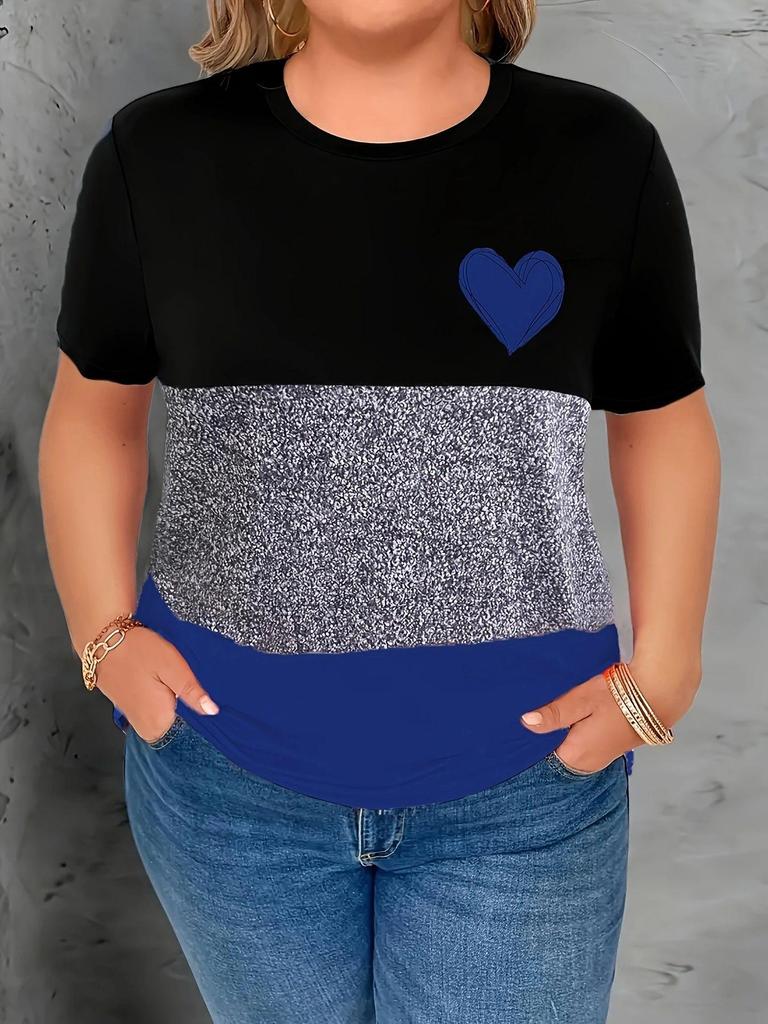 Women's Casual Round-neck Loose Heart-shaped Printed Color-blocking Large-sized Short-sleeved Top