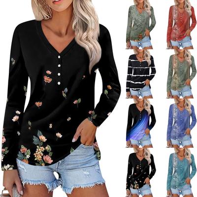 Women's Fashion Casual Long Sleeve Floral Print V-Neck Button Top