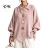 Women Knit Cardigan Oversized Sweater, Collared Top with Large Metal Relaxed Fit Buttons, Loose Lantern Sleeve Casual Sweater for Spring Autumn Button