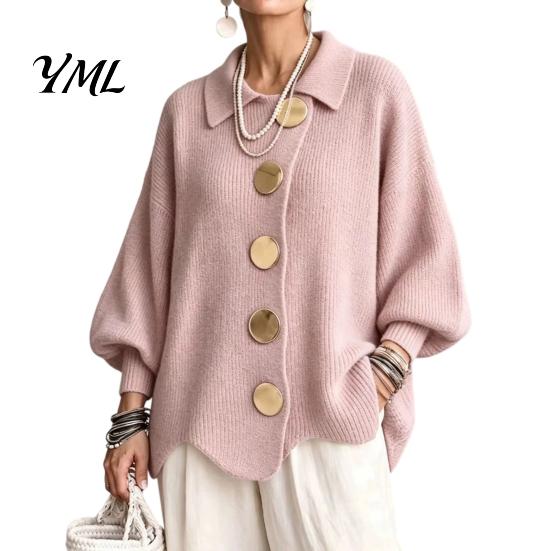 Women Knit Cardigan Oversized Sweater, Collared Top with Large Metal Relaxed Fit Buttons, Loose Lantern Sleeve Casual Sweater for Spring Autumn Button