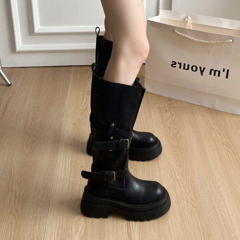 Versatile retro belt buckle 2025 boots autumn new small thick-soled heightening knight boots long boots women