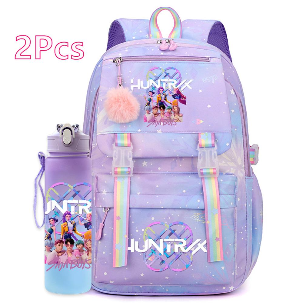 2 st/set Söt Anime Kpop Tryckt Ryggsäck 750 ml Vattenflaska Stor Kapacitet Resväska för Tonårsflicka Pojke Bokväska Barnpresent Rucksak