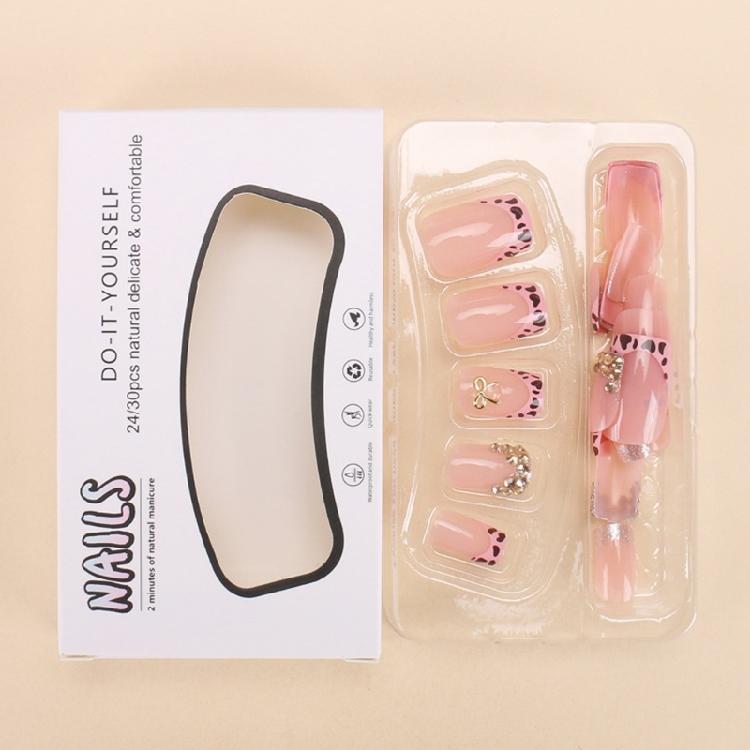 24 Pieces Short French Tip Press On Nail Square Shape False Nail Stick on Nail With Bows And Flower Design For Women