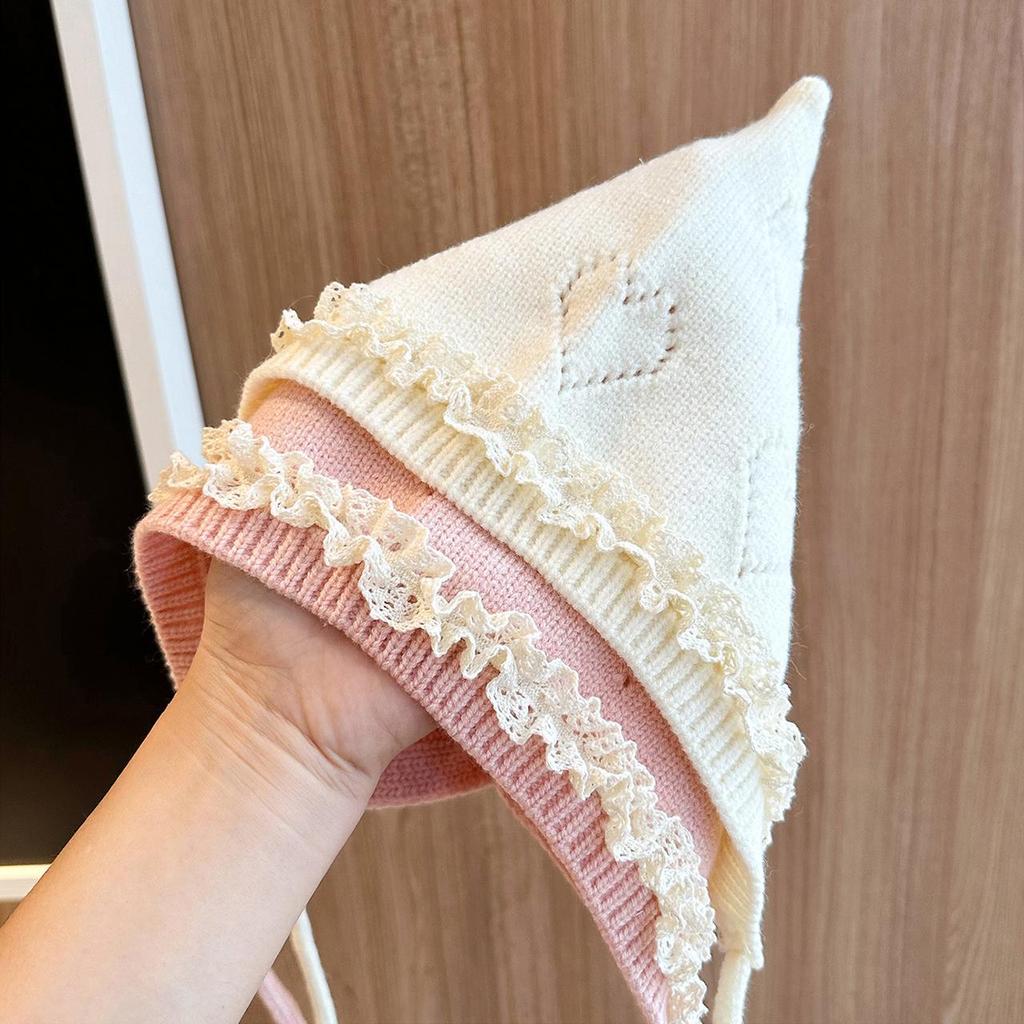 Winter Warm Newborn Fetal Hats Kids Tie Beanies Princess Lace Pointed Knitted Hat Toddler Soft Woolen Crochet Bonnet