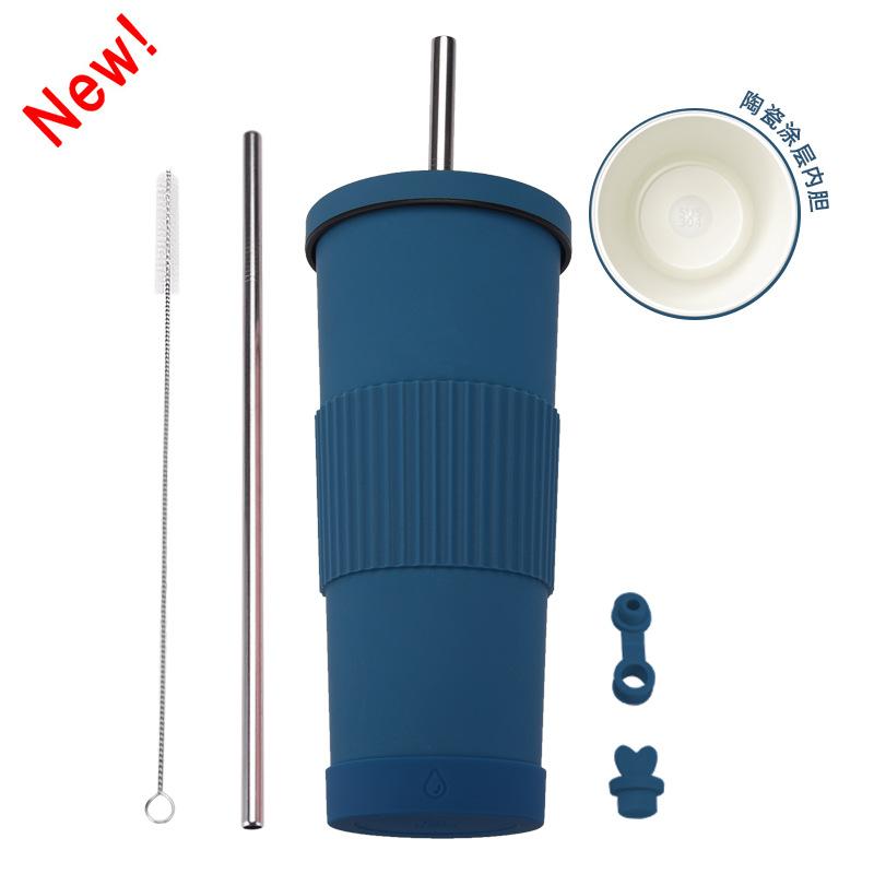 

2025830 мл Кружка для молочного чая с керамической подкладкой, Нескользящая, Портативная, Соломинка, Термокружка, Кружка-соломинка из нержавеющей стали 830ml озеро синий
