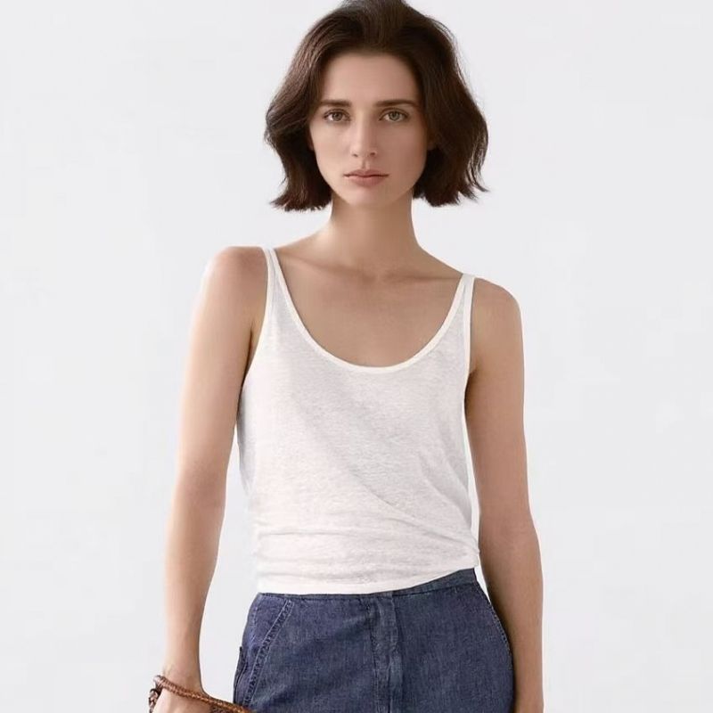 Linen Vest French style UK Spaghetti Strap Cotton Top Cami Vest Sexy White Large U-Neck Thread Export
