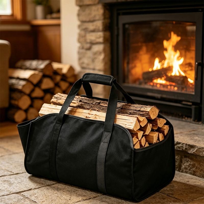 Folding Firewood Bag with a Broad Opening and Reinforced Handles for Hearth, Fire Pit, Camping, and Cabin Wood Transport