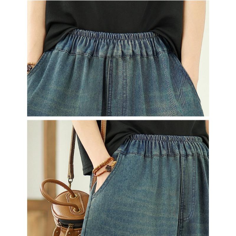 DIMANAF 2025 Letní Džíny Dámské Elastické Základní Dlouhé Kalhoty Denim Volné Ležérní Kalhoty s Širokými Nohavicemi Ležérní Potisk Nadměrné Velikosti