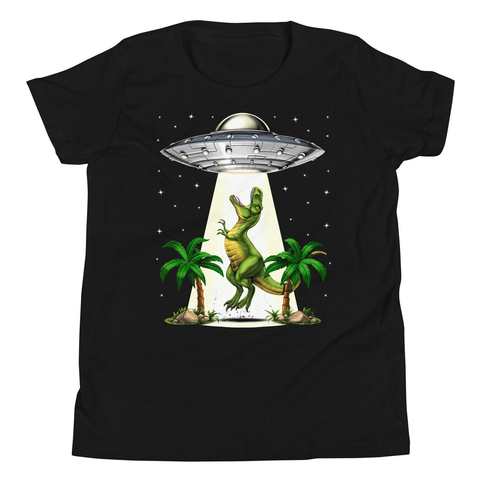 T-Rex Dinosaur Kids T-Shirt, Alien Abduction Boys Shirt, Unisex UFO Tee, Funny Dinosaur Shirt, Dinosaur Clothing, Dinosaur Clothes 140
