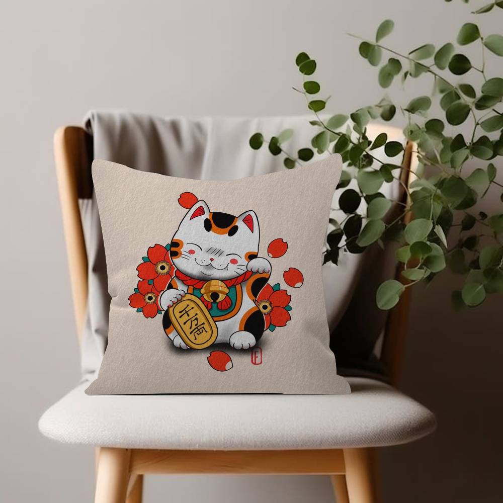 Lucky Cat Japanese Manekineko Pillow Case Sofa Living Room Bedroom Doublesided Printing Square Cushion Nap Time Pillow Case