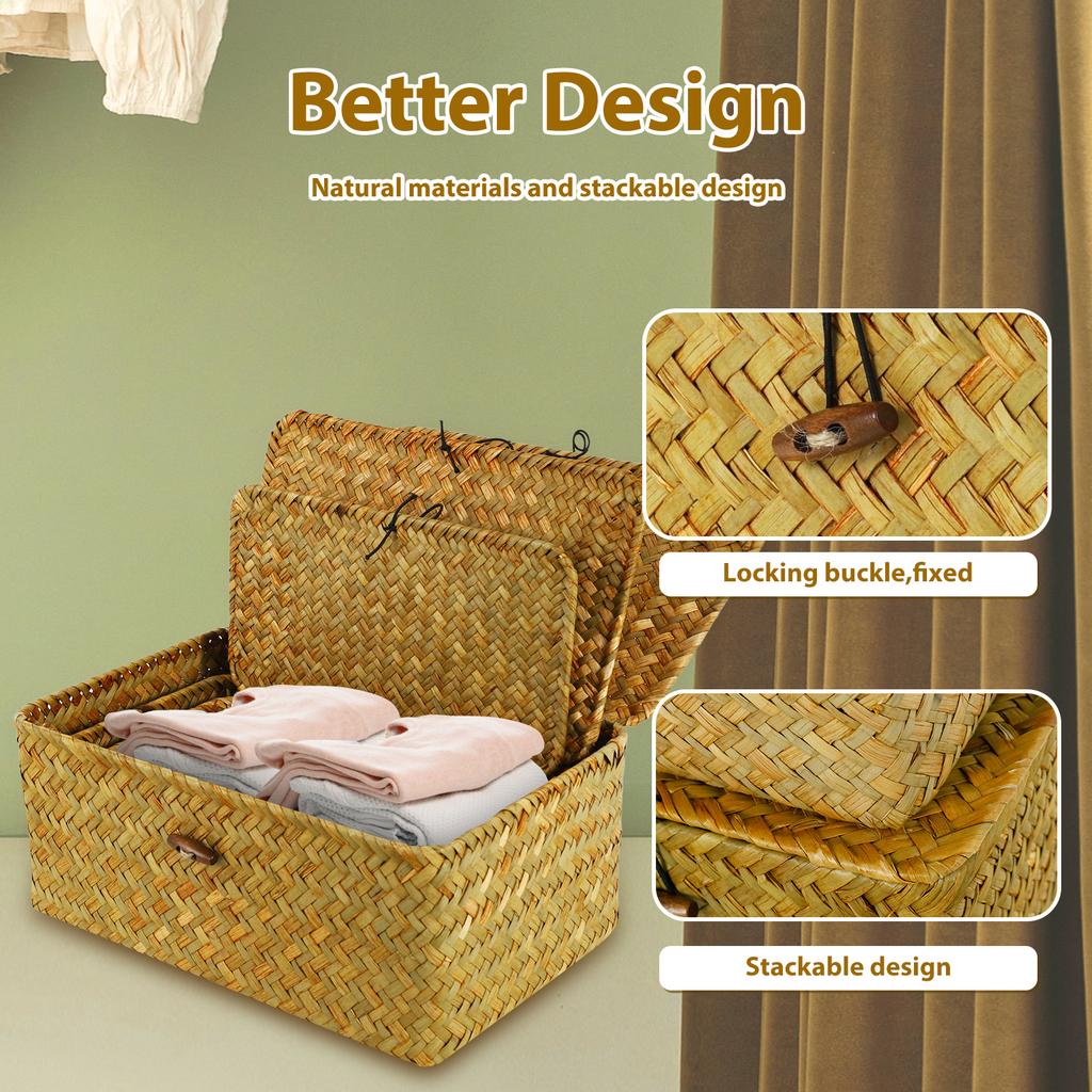 3Pcs Natural Storage Basket with Lid Stackable Large Seagrass Basket Organizer Bins For Home Kitchen Grocery Storage Container