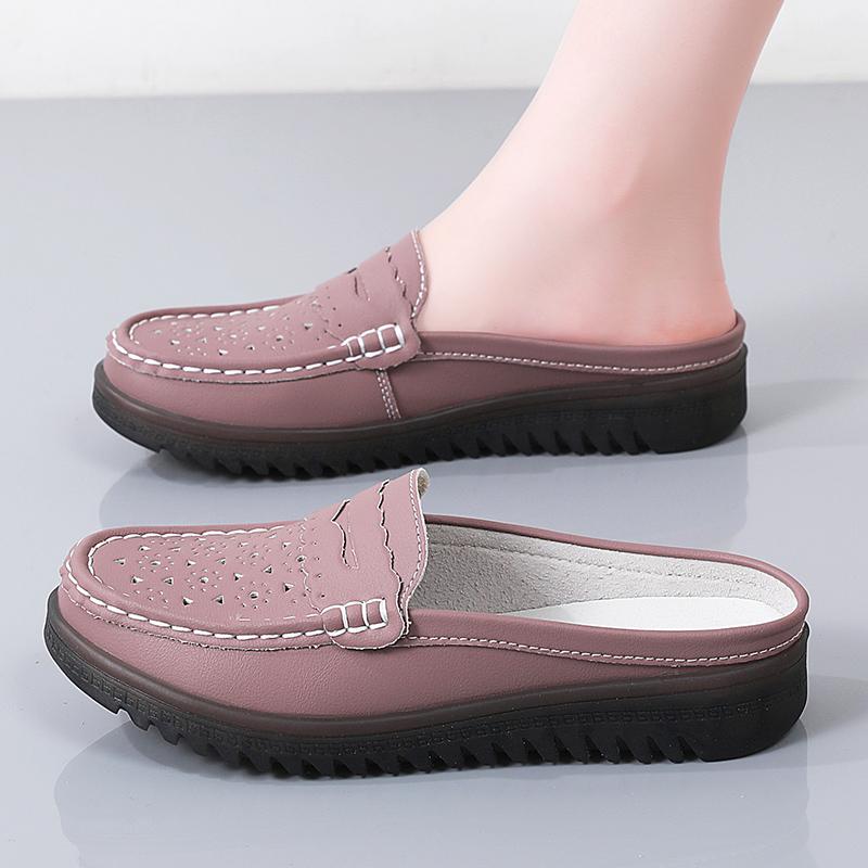 Women Soft Mules Loafers Slip on Casual Elegant Summer Slippers Breathable Leather Sandals Black Moccasin Shoes for Mother