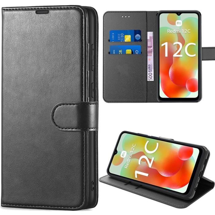 Coque pour Xiaomi Redmi 12C-11A Flip Case Effet Cuir Anti Rayure Antichoc - Noir