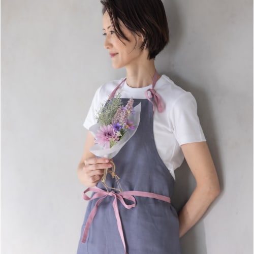 [Made In Japan] Premium 100% Linen Apron, Made In Japan, Two-Tone Gray and Smoky Pink